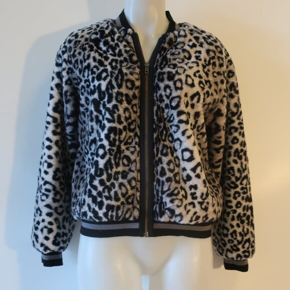 NWT Womens Lavender Brown Gray Black Animal Print Faux Fur Bomber Jacket M * - Picture 2 of 11